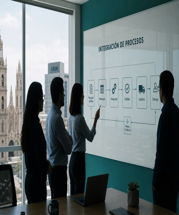Equipo empresarial revisando integración de procesos en León